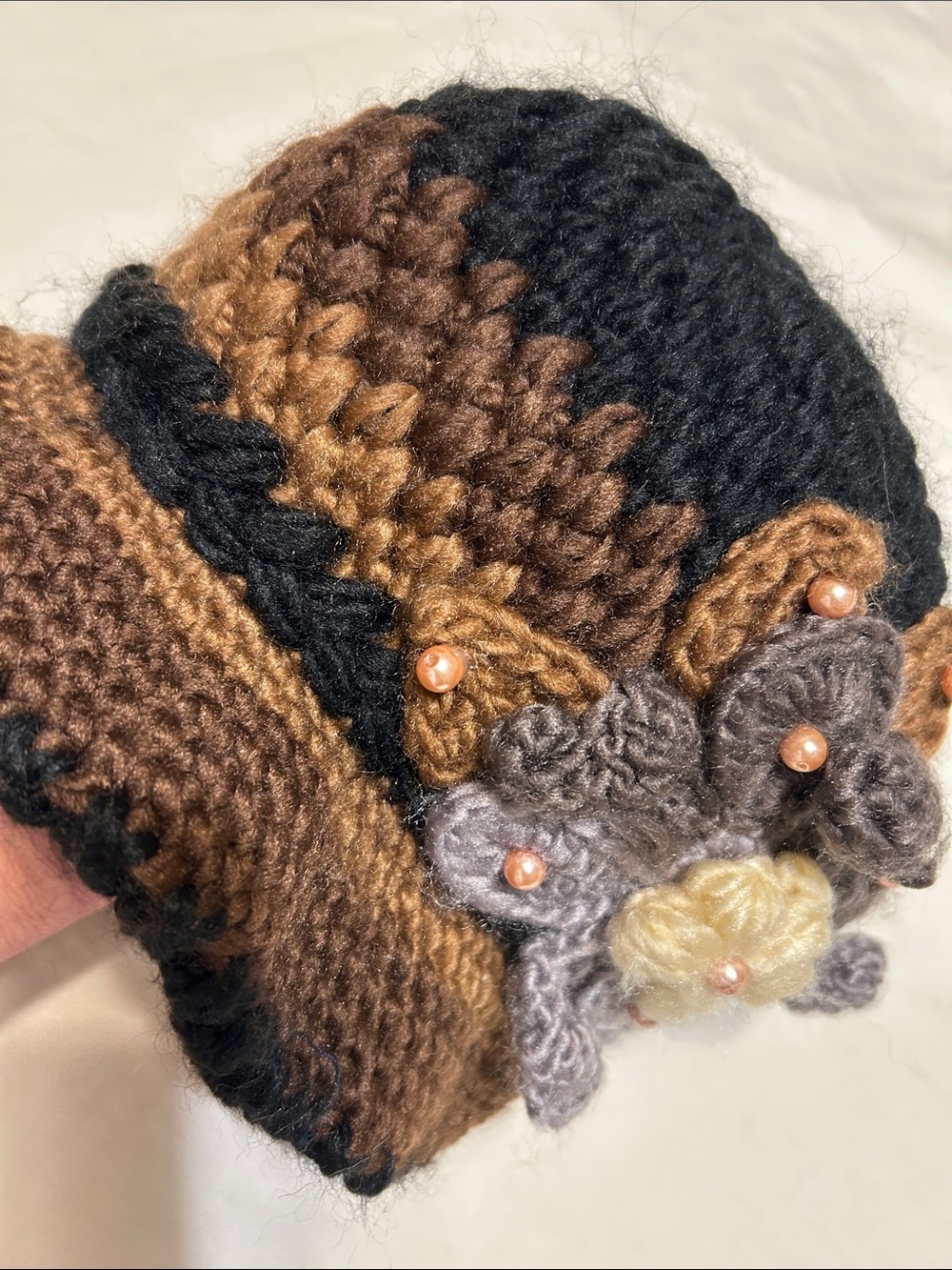 Handmade Multicolor Brown & Black Crochet Flower Beanie